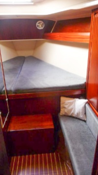 Claire's v-berth cabin. Lots of natural light, plenty of nooks for her stuffed animals and toys.