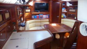 The roomy salon, view from the galley