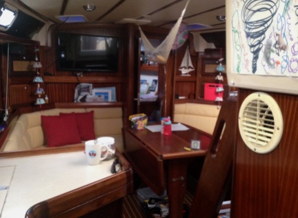 Main salon, view from the galley, with Claire's v-berth cabin and head just beyond